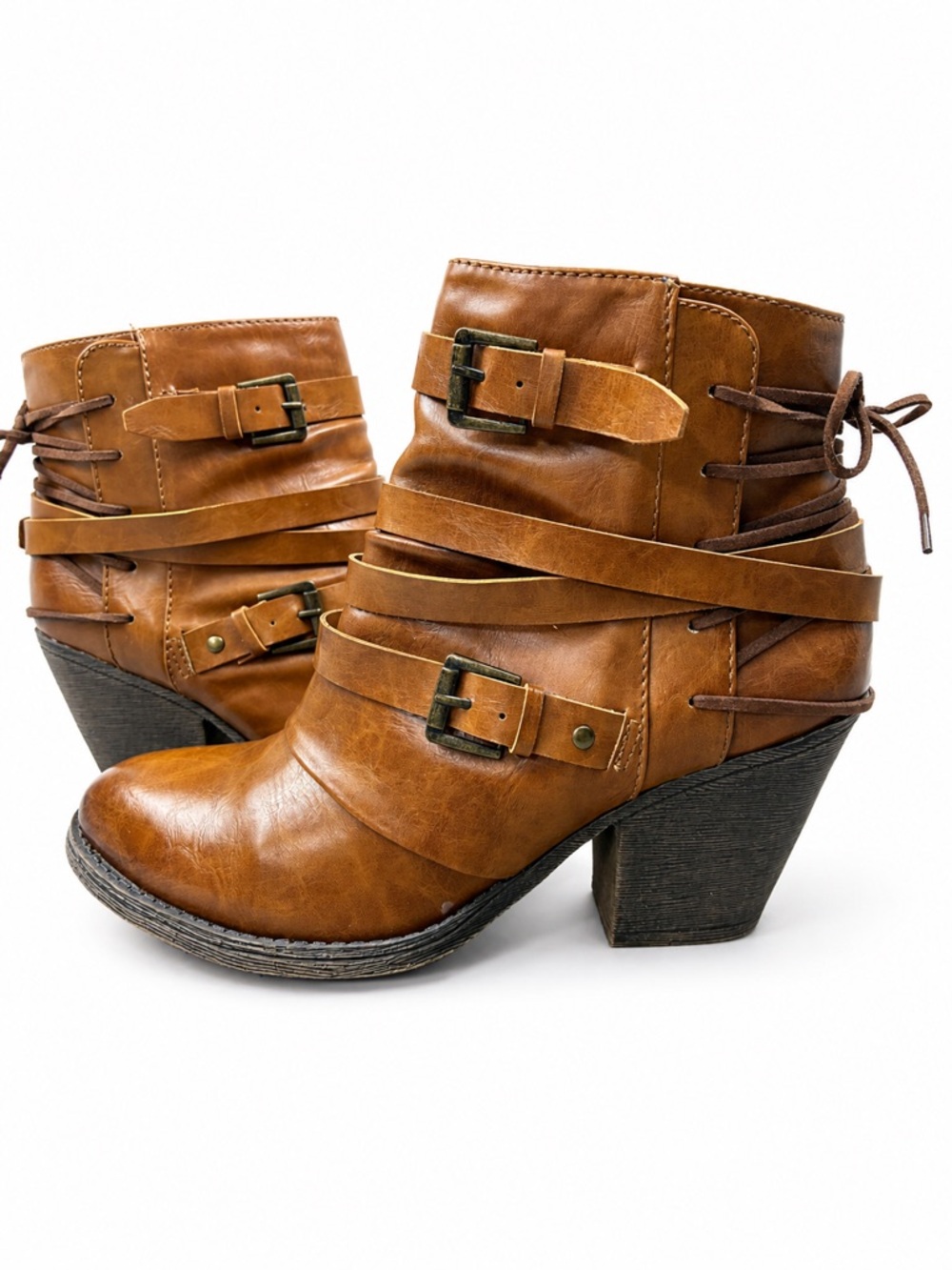 Cognac Brown Ankle Boots 7.5 Boho Moto Buckle Block‎ Heel Booties